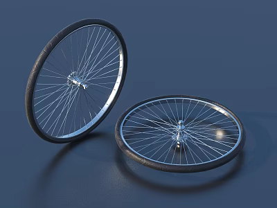 Two Bicycle Tires with Metal Rims and Spokes on Dark Blue Background 3d model