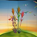 Colorful Plants With Red Yellow Purple Flowers And Hummingbirds Flying In Gradient Sky Green Grass