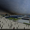 Scenic Waterfront Plaza Landscape With People Modern Architecture And Yacht At Sunset