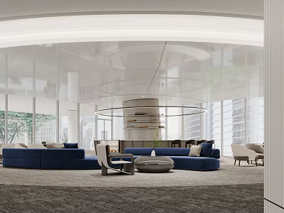 Modern Café Interior Design With Comfortable Blue Sofa Curved Seating And Large Windows 3d model