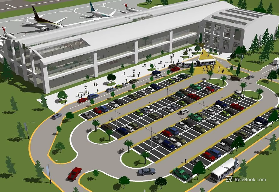 Modern Airport Terminal Exterior with Parking Lot Airplanes Vehicles and Pedestrians 3d model 