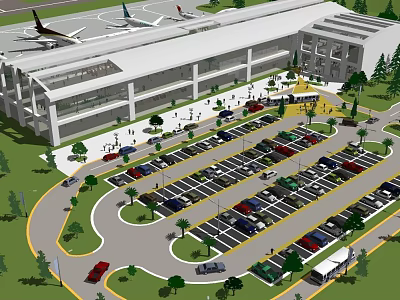 Modern Airport Terminal Exterior with Parking Lot Airplanes Vehicles and Pedestrians 3d model