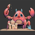 Cute Pink Cartoon Crab Figure With Sandcastle And Blue Bucket On Beach Base