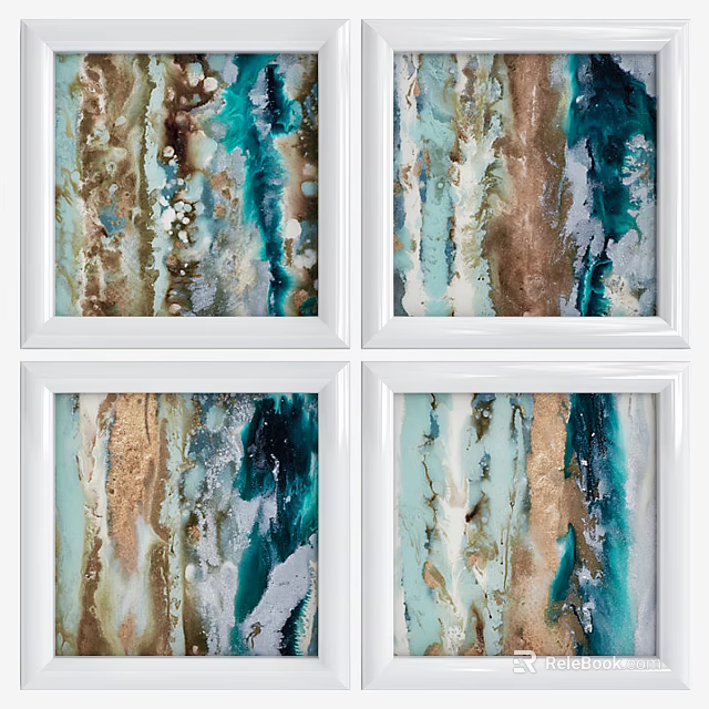 Four Panel Abstract Paintings With White Frames And Turquoise Gold Brown Fluid Textures 3d model
