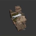 Floating Rock Platform With White Arch Structure Vegetation And Wooden Pathway