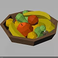 Colorful Low Poly Assorted Fruits in Wooden Bowl with Banana Apple Orange Pear