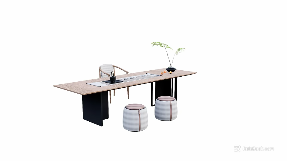 Modern Wooden Tea Table and Chairs with Tea Set Green Plant and Stools 3d model 