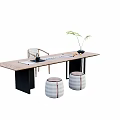 Modern Wooden Tea Table and Chairs with Tea Set Green Plant and Stools