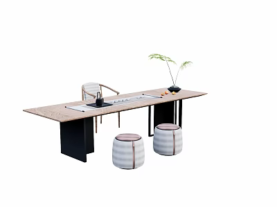 Modern Wooden Tea Table and Chairs with Tea Set Green Plant and Stools 3d model