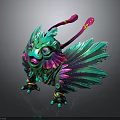 Vibrant Fantasy Creature Character With Green Feathered Body Pink Antennae And Colorful Details