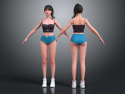 Woman In Black Tank Top Blue Shorts And White Sneakers Front Back View 3d model