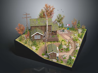 Detailed Miniature Scene With Small Wooden House Green Roof Autumn Trees Lawn Path And Steps 3d model