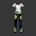 White Short Sleeved T shirt with Purple Straps and Colorful Patterned Pants with Decorative Details
