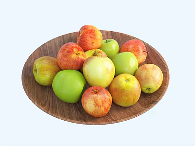 Fresh red green and yellow apples neatly arranged on wooden plate for 3d model