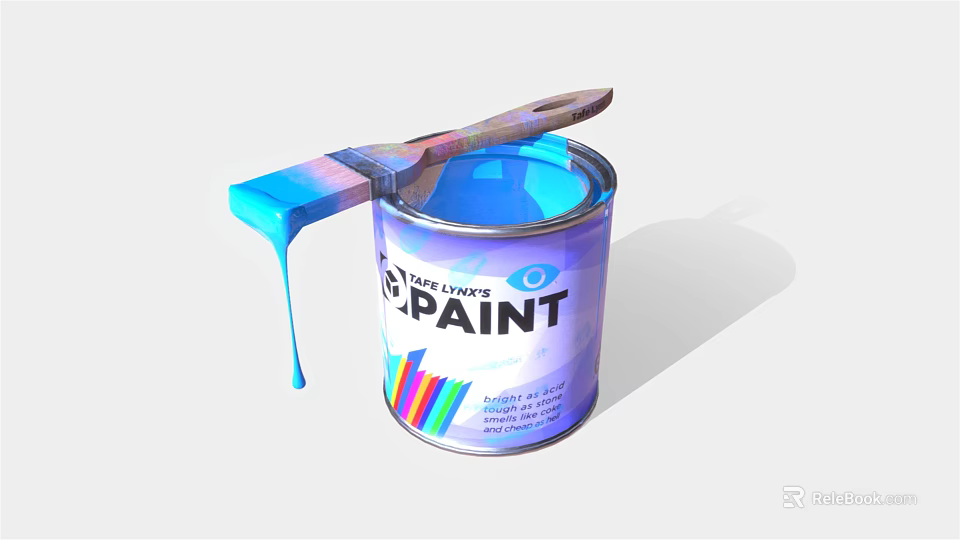 Triple Lines Paint Can With Paintbrush Dripping Blue Paint And Colorful Stripes 3d model 