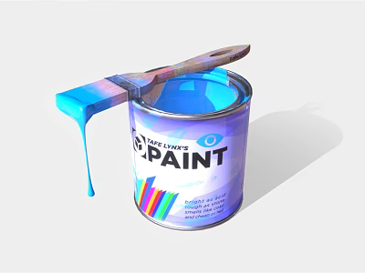 Triple Lines Paint Can With Paintbrush Dripping Blue Paint And Colorful Stripes 3d model