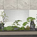 Indoor Landscape With Wavy Textured Wall Grid Patterned Backdrop Green Plants And Stones
