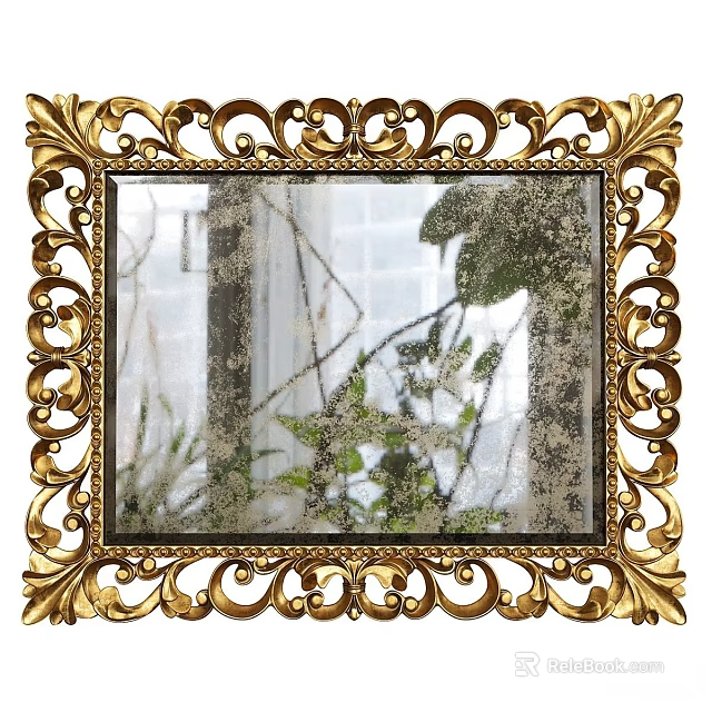 Decorative Golden Ornate Framed Mirror Reflecting Green Plants And Window 3d model 