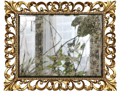 Decorative Golden Ornate Framed Mirror Reflecting Green Plants And Window 3d model