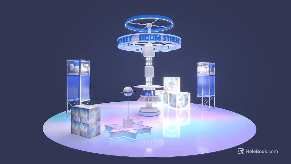 Boom Star Themed Round Exhibition Booth With Glowing Structures And Geometric Displays 3d model 