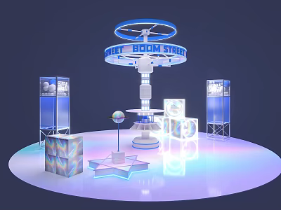 Boom Star Themed Round Exhibition Booth With Glowing Structures And Geometric Displays 3d model