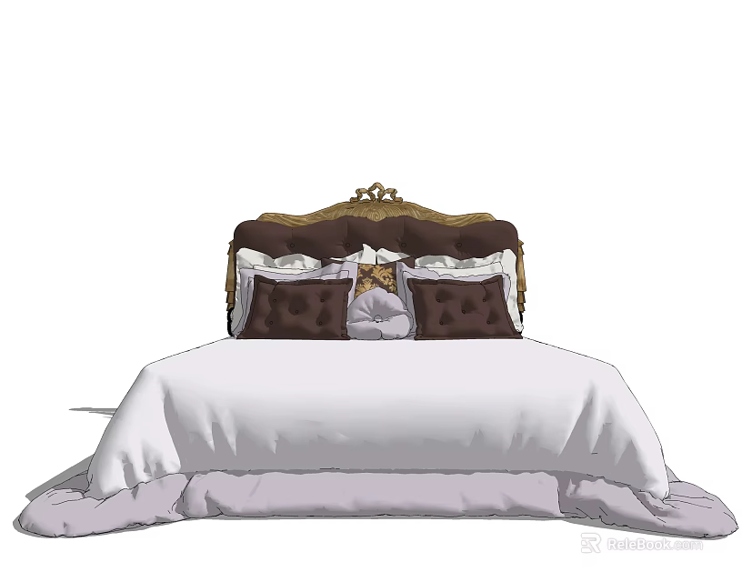 Elegant Double Bed With Gold Accent Headboard White Bedding And Plush Pillows 3d model 