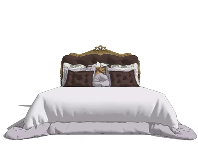 Elegant Double Bed With Gold Accent Headboard White Bedding And Plush Pillows 3d model