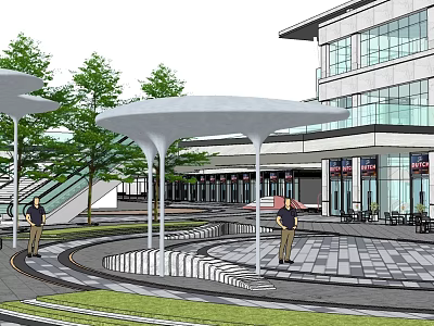 Modern Urban Plaza Landscape With White Canopies Trees Pedestrians And Paved Pathways 3d model