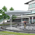 Modern Urban Plaza Landscape With White Canopies Trees Pedestrians And Paved Pathways