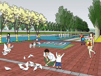 Scenic Park Landscape With Lush Trees Pond Brick Pavement Doves And People Activities 3d model