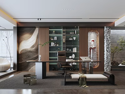 Elegant Modern Chinese Study Room Interior With Wooden Bookshelves Writing Desk And Laptop 3d model