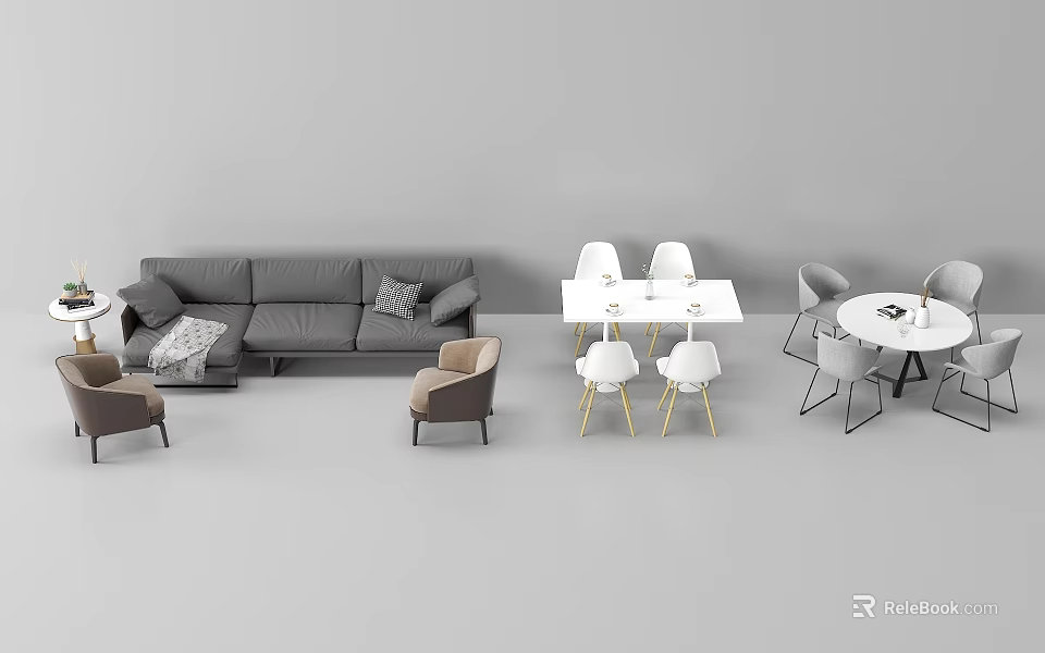 Modern Casual Sofa Set With Gray Upholstery Accent Chairs Coffee Table And Dining Chairs 3d model 