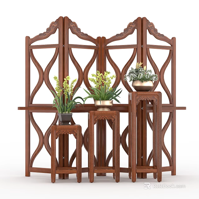 Traditional Chinese Wooden Flower Stand With Intricate Carvings And Potted Plants 3d model 