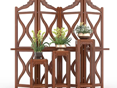Traditional Chinese Wooden Flower Stand With Intricate Carvings And Potted Plants 3d model