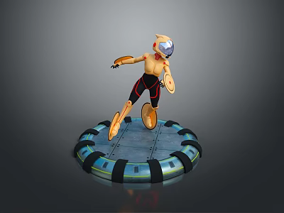 Orange 3D Character With Metallic Head And Black Red Pants Standing On Circular Platform 3d model