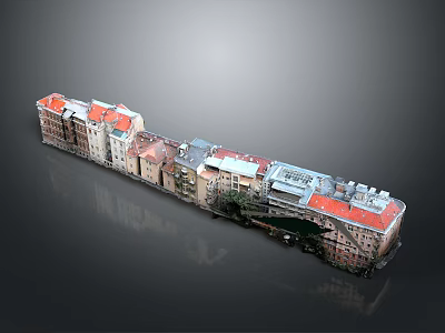 Detailed Long Urban Building Model With Red Roofs And Gray Beige Walls 3d model