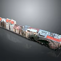 Detailed Long Urban Building Model With Red Roofs And Gray Beige Walls
