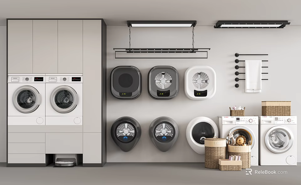 Modern Laundry Room With Various Front Loading Washing Machines And Storage Baskets 3d model