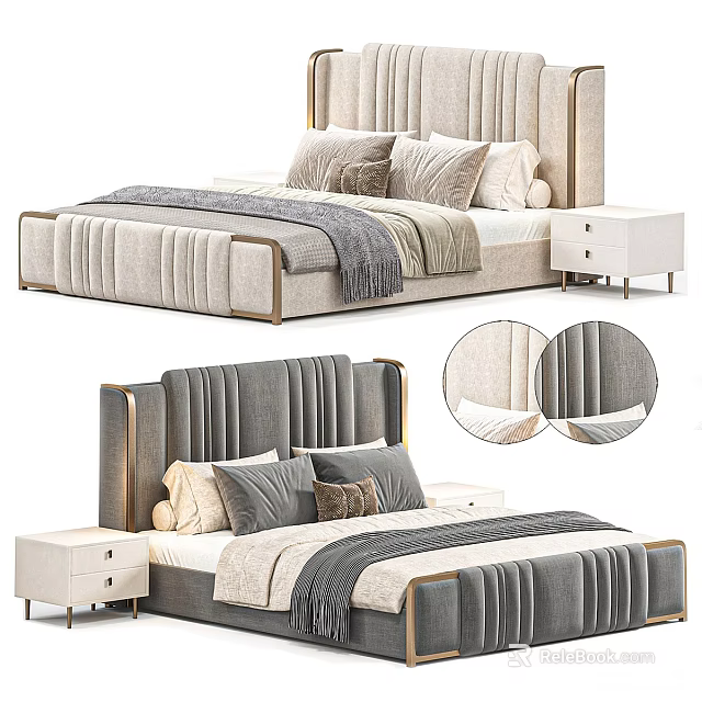Elegant Modern Double Bed With Upholstered Headboard Metal Trim Fabric And Decorative Pillows 3d model 