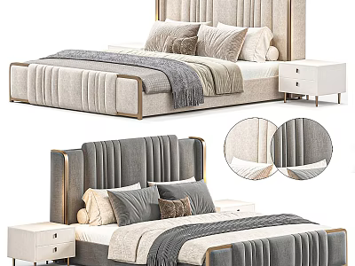 Elegant Modern Double Bed With Upholstered Headboard Metal Trim Fabric And Decorative Pillows 3d model