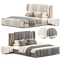 Elegant Modern Double Bed With Upholstered Headboard Metal Trim Fabric And Decorative Pillows