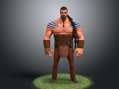 Male Character With Long Hair Beard And Blue Striped Tattoos Standing On Green Grass 3d model