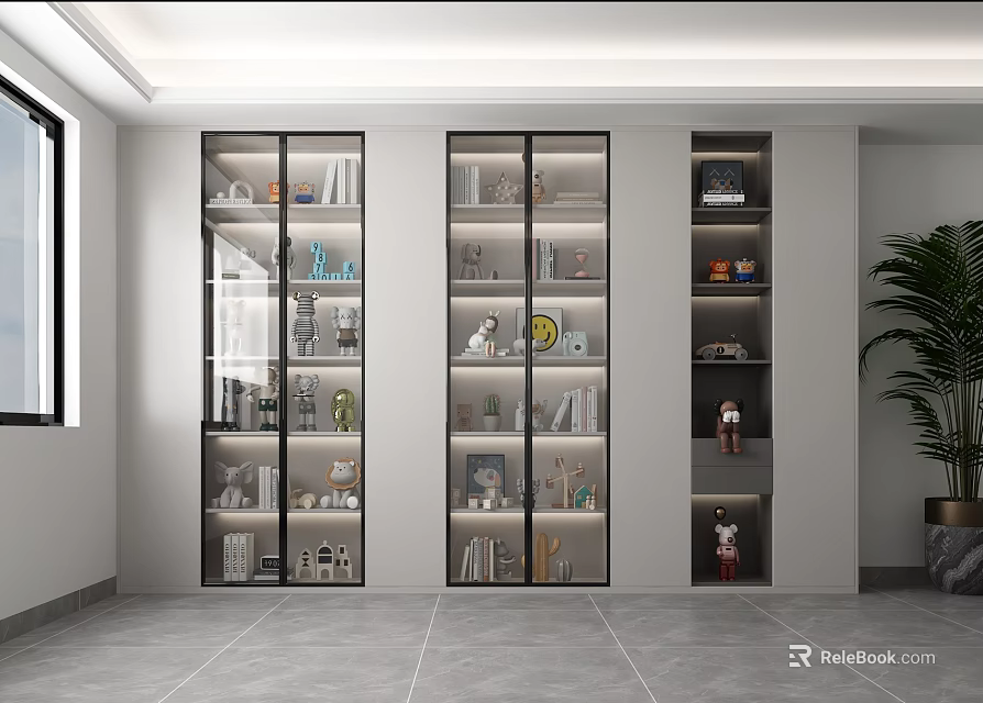 Modern Decorative Ornament Combination in Glass Display Cabinets with Lighting and Green Plant 3d model 