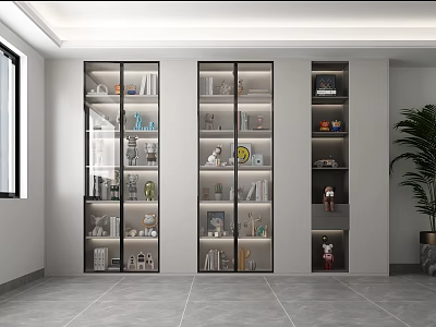 Modern Decorative Ornament Combination in Glass Display Cabinets with Lighting and Green Plant 3d model