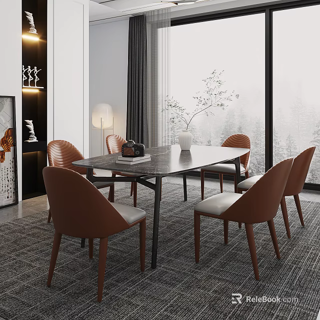 Modern Dining Table Set With Brown Leather Chairs Rectangular Top And Large Windows 3d model
