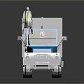 Blue Truck With Gray Cargo Box And Worker In Yellow Vest
