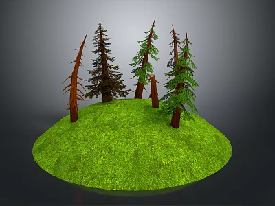 Cartoon Scene With Green Grassy Hill And Several Pine Trees With Brown Trunks 3d model