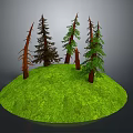 Cartoon Scene With Green Grassy Hill And Several Pine Trees With Brown Trunks