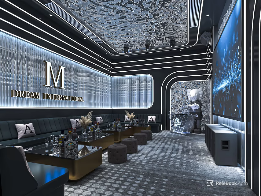 Luxury Modern KTV Lounge Interior Design With Sofa Seating Large Screen And Ambient Lighting 3d model 