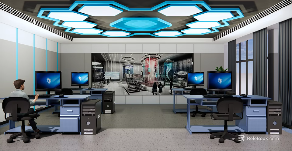 Modern School Computer Classroom With Multiple Computers And Large Screen Background 3d model 